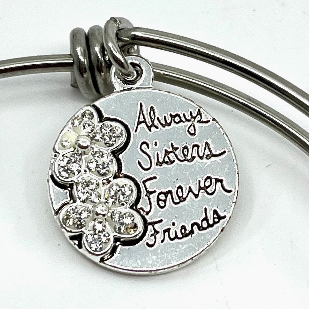 VTG Inspirational Sisters Forever Bangle‎ Bracelet Silver Tone Crystal Charm Y2K